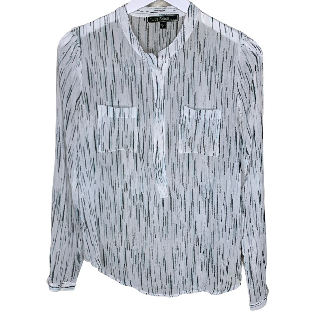 LOVE STITCH Boho Patterned Blouse Ivory Blue Peasant Top Medium
